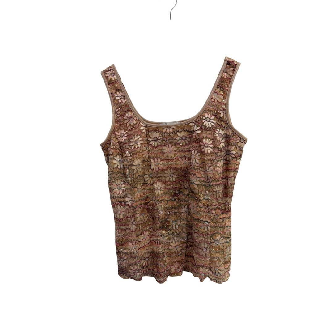 Y2K Dressbarn Vintage Floral Lace Metallic Tank Top Gold Mauve Large USA Made